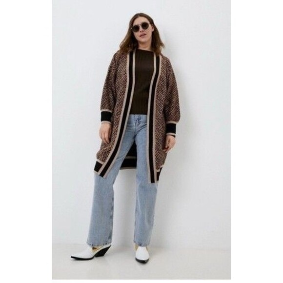 River Island Geo Pattern Open Front Cardigan Women Size M Brown - Picture 9 of 11